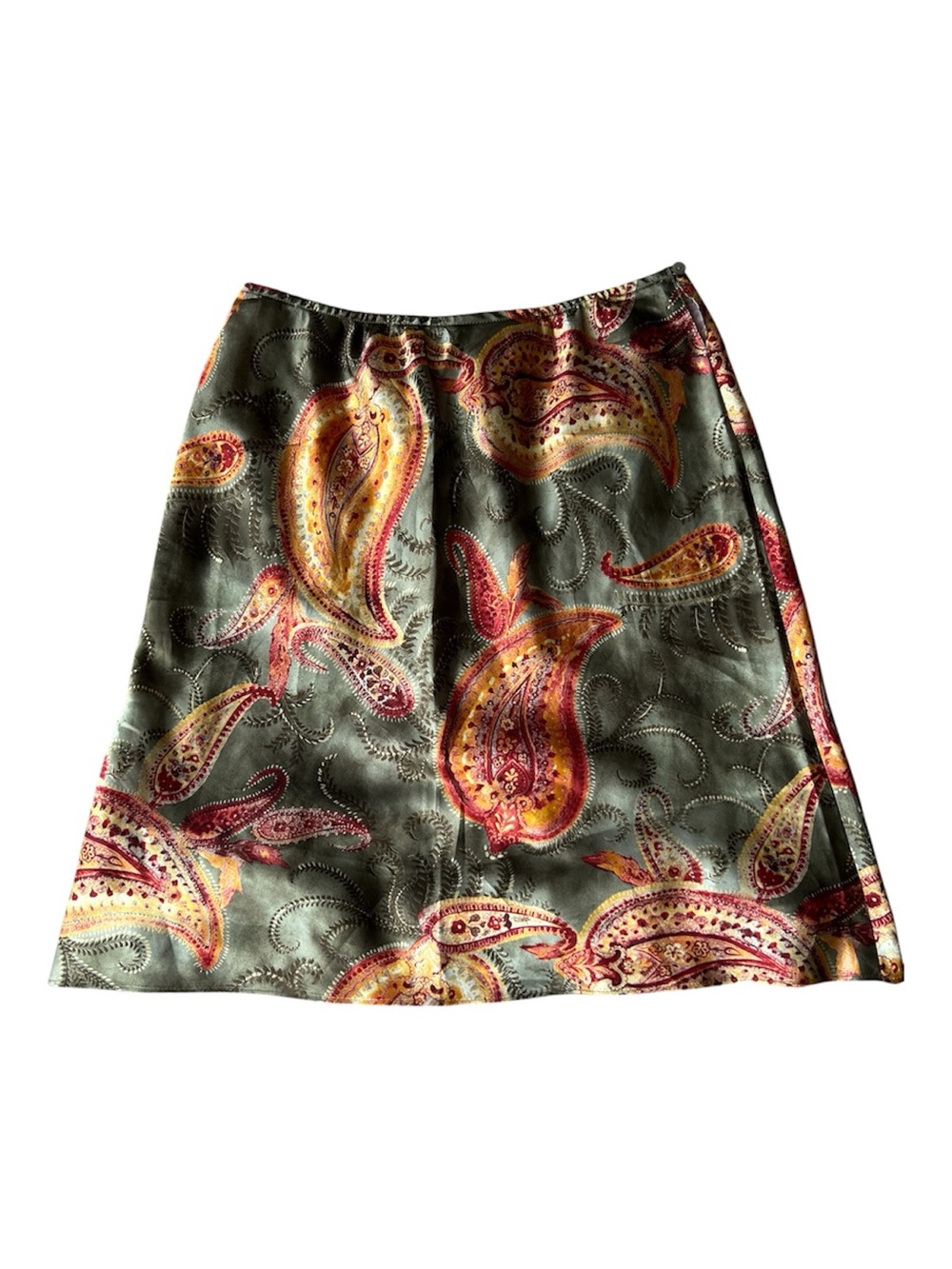 Vintage Paisley Midi Skirt in Olive with Gold and Pink Accents sz 12